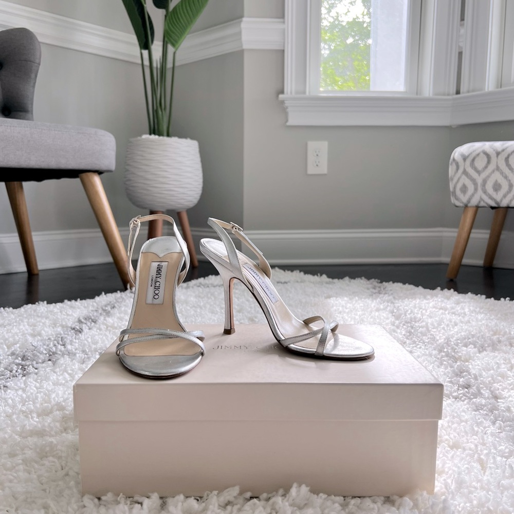 JIMMY CHOO Jasmin 105 Silver Leather Strappy Sandals 36.5 💕